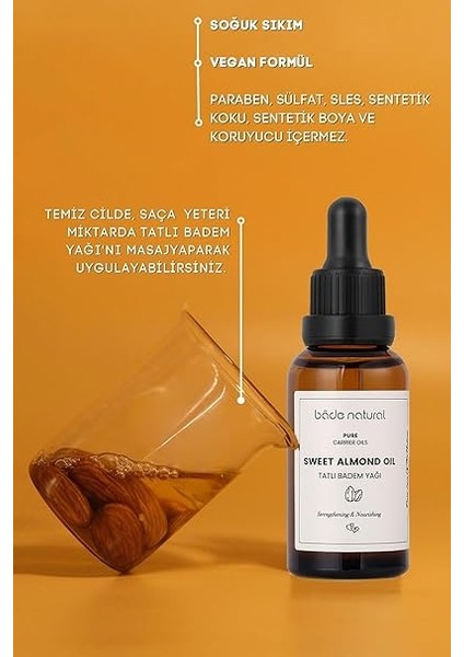 Natural Tatlı Badem Yağı Soğuk SIKIM%100 Saf 30 ml fırsatları