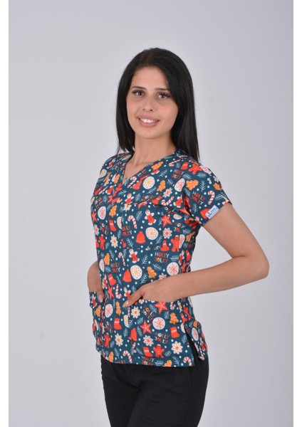 Unisex Yılbaşı Desenli Doktor Hemşire Öğretmen Aşçı Scrubs Üniforma Takımı