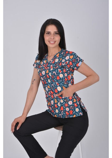 Unisex Yılbaşı Desenli Doktor Hemşire Öğretmen Aşçı Scrubs Üniforma Takımı