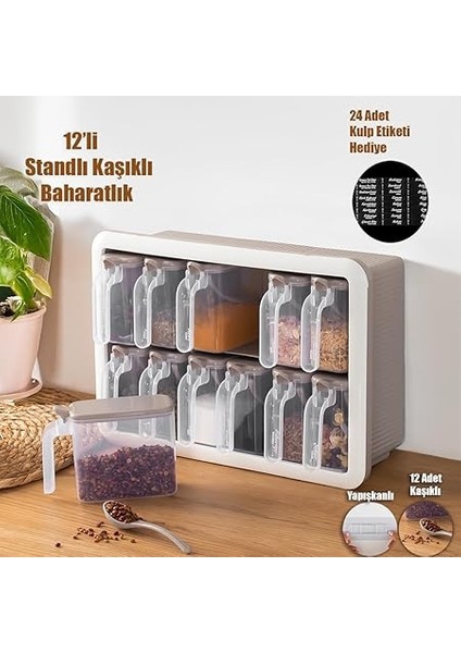 Simple 1167 Random 12'li Standlı Kendinden Yapışkanlı Kaşıklı Kapaklı Baharatlık Saklama Kabı Seti - Cappuccino Beyaz fiyatları