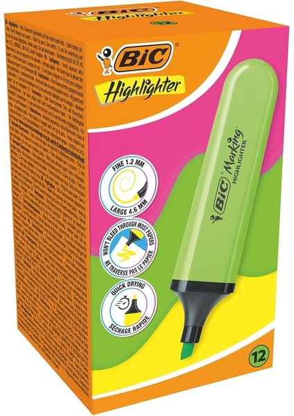 Marking Flat Higlighter Fosforlu Kalem 12'li Kutu, Yeşil Fosforlu Kalem, Su Bazlı, Hızlı Kuruyan Mürekkep