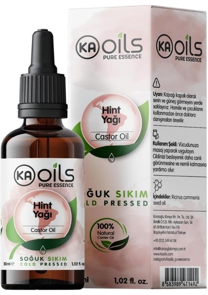 Hint Yağı 30 ml | Yoğun Kıvam - Castor Oil | Kaş, Kirpik ve Saç Bakımı Için Ideal - Soğuk Sıkım & TAŞIYICI%100 Saf ve Doğal Bitkisel Yağ |