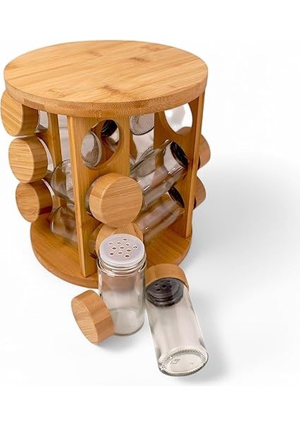 Bambu Döner Standlı Şık Baharat Seti 13 Parça, Mutfak Tezğahına Uygun Bambu Yer Kaplamayan Cam Şişe Dönerli Bambu Baharatlık, Bambu Baharat Takımı (Yuvarlak) fiyatları