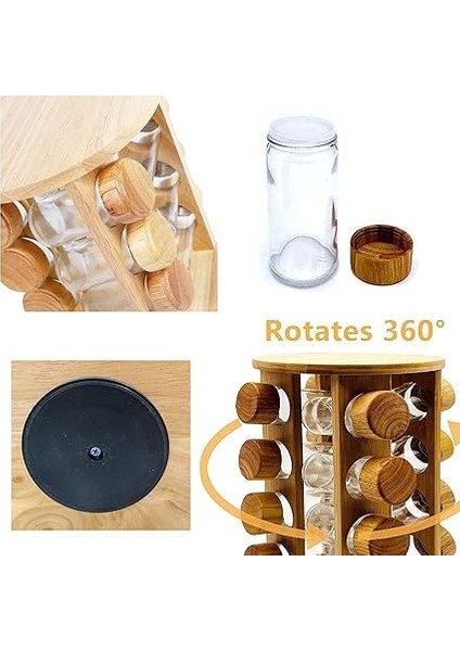 Bambu Döner Standlı Şık Baharat Seti 13 Parça, Mutfak Tezğahına Uygun Bambu Yer Kaplamayan Cam Şişe Dönerli Bambu Baharatlık, Bambu Baharat Takımı (Yuvarlak) modelleri