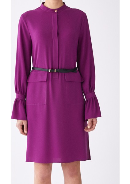 Kemerli Uzun Kollu Cepli Mini Elbise Mor K1911029_018