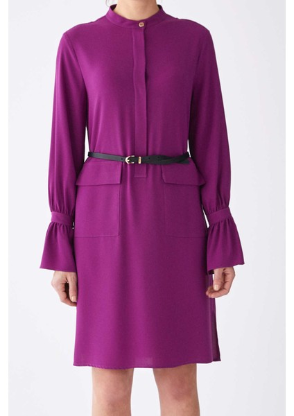 Kemerli Uzun Kollu Cepli Mini Elbise Mor K1911029_018 fırsatları
