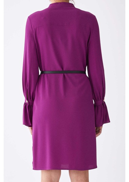 Kemerli Uzun Kollu Cepli Mini Elbise Mor K1911029_018 indirimleri