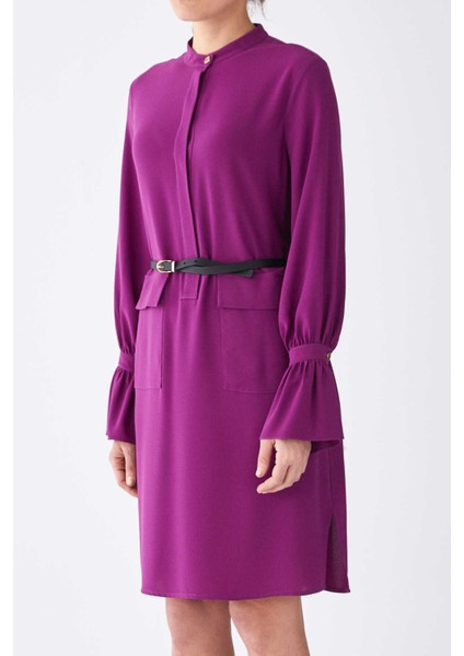 Kemerli Uzun Kollu Cepli Mini Elbise Mor K1911029_018