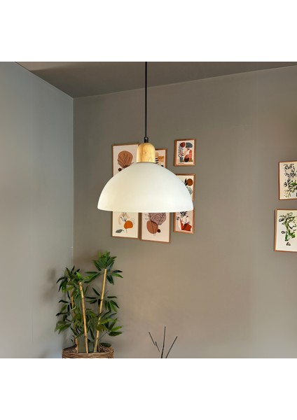 Perry Cam Tekli Avize Kalın Ahşap Beyaz Başlık Retro Sarkıt Lamba Restoran Salon Aydınlatma