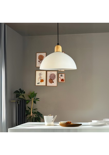 Perry Cam Tekli Avize Kalın Ahşap Beyaz Başlık Retro Sarkıt Lamba Restoran Salon Aydınlatma