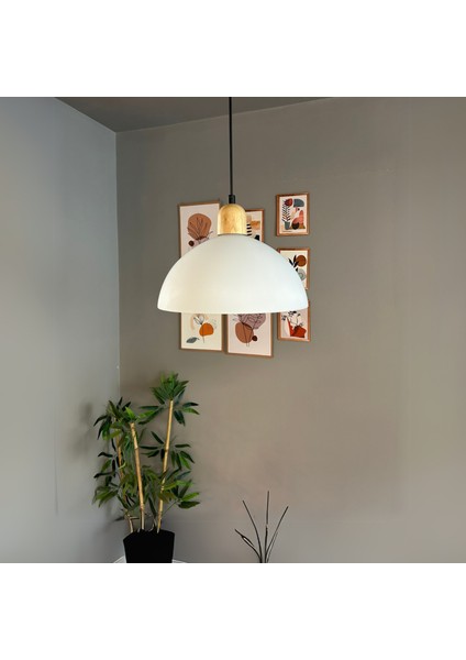 Perry Cam Tekli Avize Kalın Ahşap Beyaz Başlık Retro Sarkıt Lamba Restoran Salon Aydınlatma