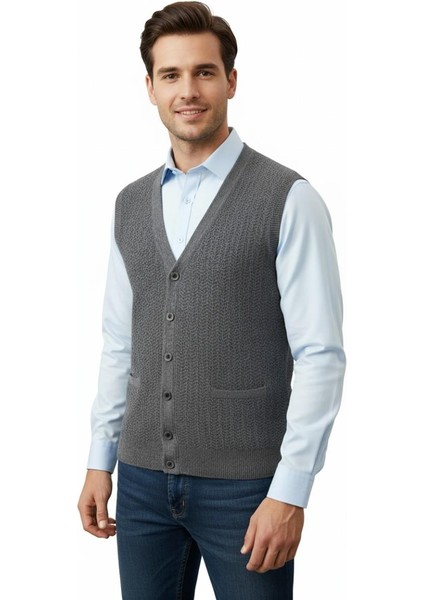 Erkek Düğmeli Yelek Cepli Çelik Örgü Klasik Kalıp 5212L BGL-ST04845