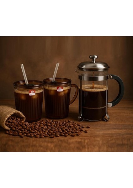 Adet Kapaklı Pipetli Cam Kupa Bardak Çay Kahve Meşrubat Tatlı Bardağı Kahverengi 370 ml