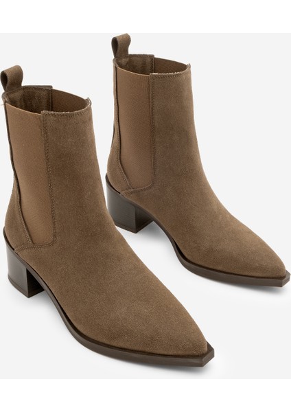 Kadın Sivri Burun Çift Lastikli Kalın Topuklu Bot Zefina Kahve Süet indirimleri
