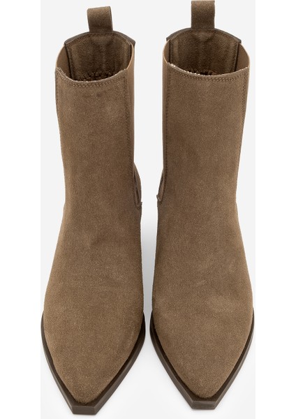 Kadın Sivri Burun Çift Lastikli Kalın Topuklu Bot Zefina Kahve Süet