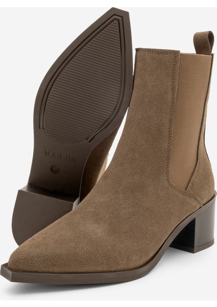 Kadın Sivri Burun Çift Lastikli Kalın Topuklu Bot Zefina Kahve Süet