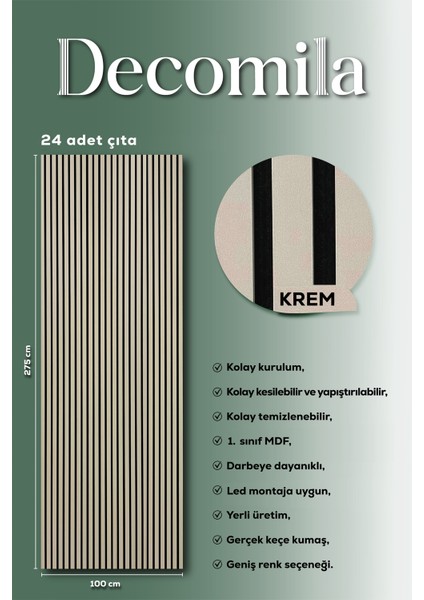 Mdf Ahşap Akustik Duvar Paneli 100X275 cm -Krem