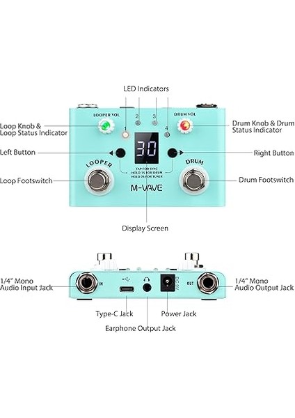 Lost Tempo Efekt Pedalı Davul ve Looper Efekt 2'si 1 Arada Looper ve Davul Ayak Anahtarı Looper Pedal Looper Gitar Pedalı 30 Davul ve 4 Loop Yüksek Hassasiyetli Akort Cihazı Açık Mavi indirimleri