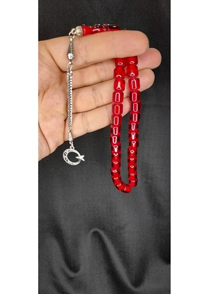 Çubuk Kehribar Tesbih Kapsül Kesim Kırmızı Renk T-305