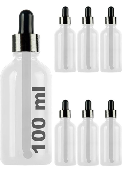 100 ml Metal Kapaklı Damlalık Dropper Şişesi Serum 100 cc Cam Şişe 6 Adet (Siyah Kapak, Şeffaf)