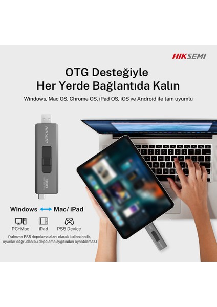 Hıksemı Swift S309C Taşınabilir SSD 500 GB USB C + USB A Çıkışlı - Pc/ios/android/konsol Uyumlu SSD Gri