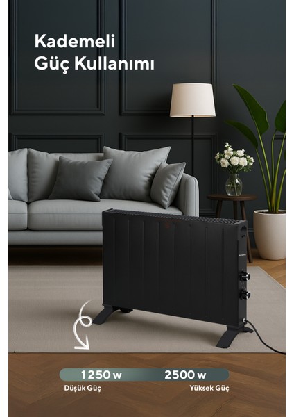 Konvektör Isıtıcı 2500W Güçlü Performans Modern Siyah Tasarım 28 m² Isıtma Alanı