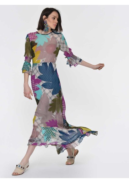 Çiçek Desenli Uzun Şifon Elbise Standart Renk Y1911021_089