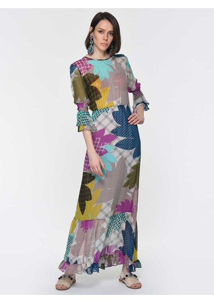 Çiçek Desenli Uzun Şifon Elbise Standart Renk Y1911021_089 fiyatları