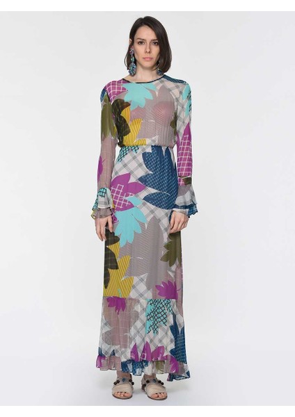 Çiçek Desenli Uzun Şifon Elbise Standart Renk Y1911021_089 modelleri