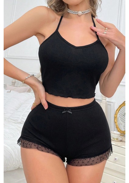 Kadın Siyah Kaşkorse Sırt ve Bacak Kısmı Puantiyeli Şortlu Gecelik Takım fırsatları
