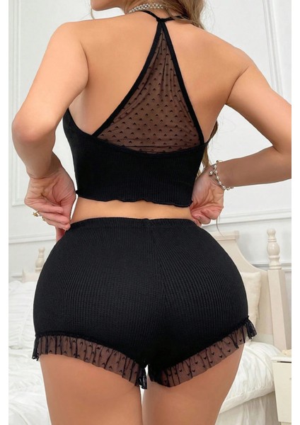 Kadın Siyah Kaşkorse Sırt ve Bacak Kısmı Puantiyeli Şortlu Gecelik Takım indirimleri