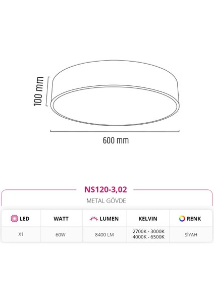 60 cm Sıva Üstü Led Tavan Armatürü Siyah 3000K Gün Işığı NS120-2 fiyatları