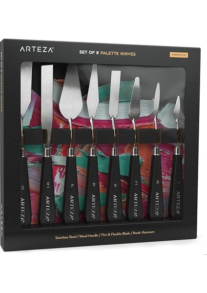 Palet Bıçakları 8'li Paket, Boyutlar No. 1, 25, 7, 15, 39, 23, 17, 21, Dayanıklı Paslanmaz Çelik Bıçak ve Kırılmaya Dayanıklı Ahşap Sap, Yağlı Boya ve Akrilik Boyama Için Sanat Malzemeleri