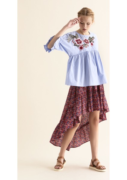 Kadın Çiçek Desenli Mavi Gömlek-Y1866115-036