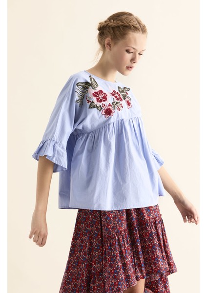 Kadın Çiçek Desenli Mavi Gömlek-Y1866115-036 fiyatları