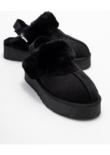 Olessa Siyah Hakiki Deri Süet Kadın Kürklü Terlik