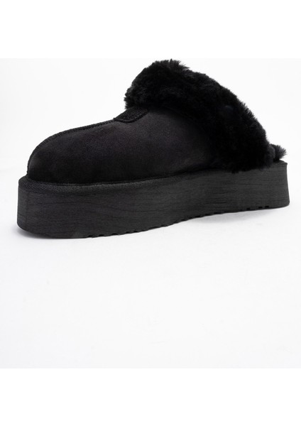 Olessa Siyah Hakiki Deri Süet Kadın Kürklü Terlik
