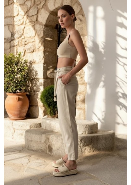 Kadın Ham Keten Kemerli Bol Kesim Bej Pantolon fiyatları