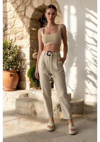 Kadın Ham Keten Kemerli Bol Kesim Bej Pantolon
