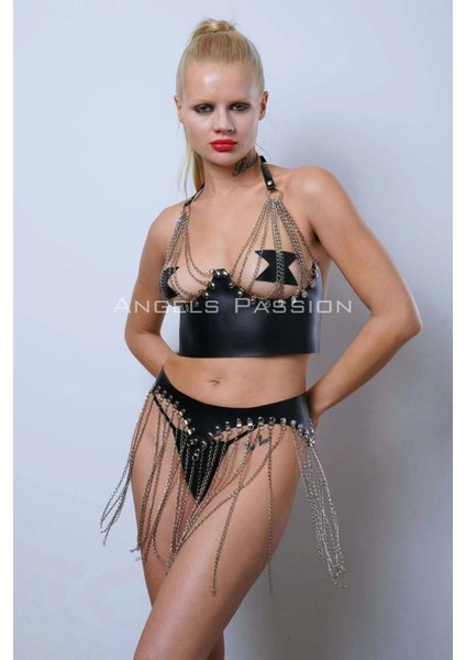 Zincirli Büstiyer Etek Takım, Şık Deri Etek ve Büstiyer - APFT994