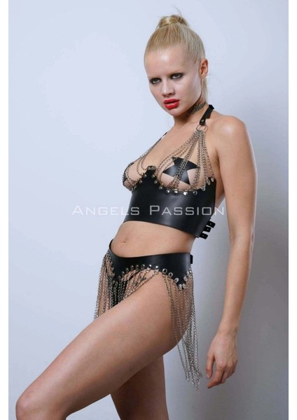 Zincirli Büstiyer Etek Takım, Şık Deri Etek ve Büstiyer - APFT994 fırsatları