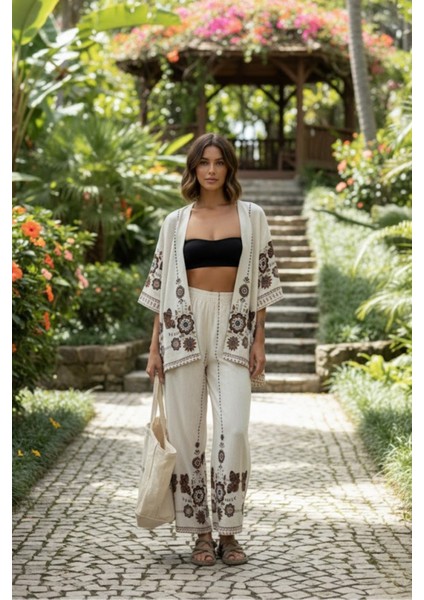 Kadın Çiçek Deseni Baskılı Kimano Pantolon Takım fırsatları