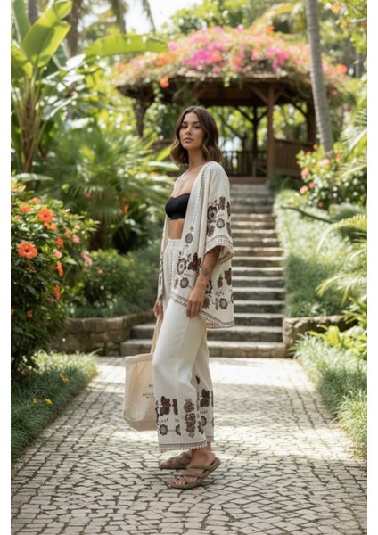 Kadın Çiçek Deseni Baskılı Kimano Pantolon Takım indirimleri