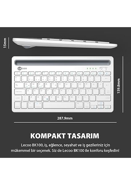 BK100 Kablosuz Bluetooth Şarj Edilebilir, Çoklu Cihaz ile Uyumlu, Telefon/tablet Tutucu Kart Yuvası, Akıllı Uyku Modlu, 40 Saat Çalışma, 78 Tuş, Kompakt Ultra Ince Qwerty Türkçe Q Klavye Beyaz fiyatları