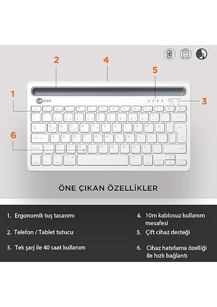 BK100 Kablosuz Bluetooth Şarj Edilebilir, Çoklu Cihaz ile Uyumlu, Telefon/tablet Tutucu Kart Yuvası, Akıllı Uyku Modlu, 40 Saat Çalışma, 78 Tuş, Kompakt Ultra Ince Qwerty Türkçe Q Klavye Beyaz modelleri