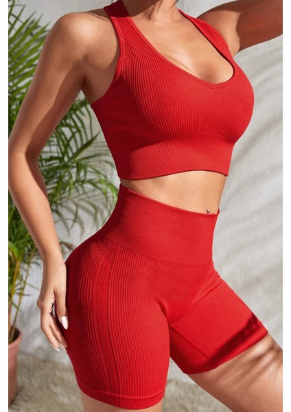 Kadın Kırmızı Yüksek Bel Çapraz Sırt Detaylı Şortlu Gecelik Takım fırsatları
