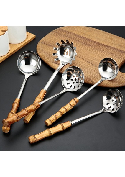 QuirkyQuar 5pcs Çorba Kepçesi ve Yuvalı Kaşık Seti, Hotpot Pişirme Kepçe Için Doğal Bambu Saplı Paslanmaz Çelik Mutfak Kepçeleri (Yurt Dışından) indirimleri