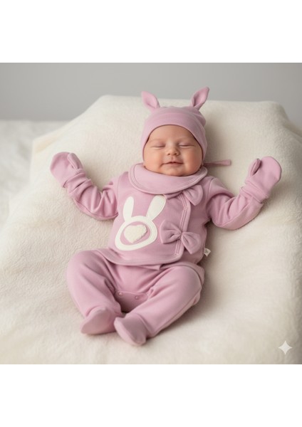 Kız Bebek Yenidoğan Hastane Çıkışı 1/6 Ay Aplikeli Tavşan 5'li Takım