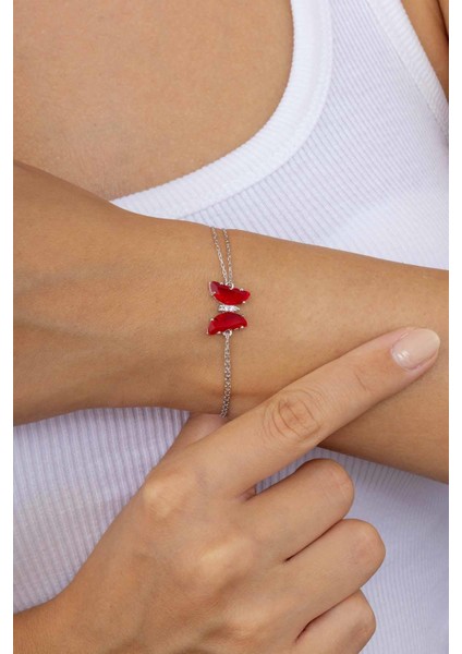 Kırmızı Taşlı Kelebek Gümüş Bileklik