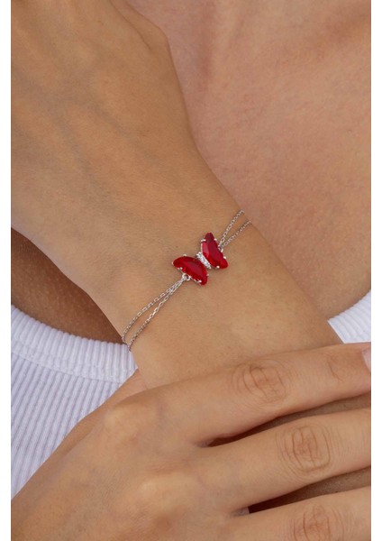 Kırmızı Taşlı Kelebek Gümüş Bileklik fiyatları